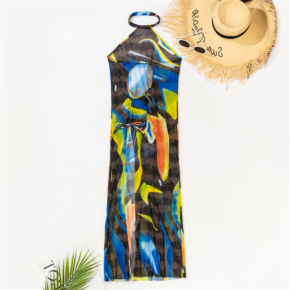 [Factory Direct Sales] Amazon Cross-Overseas Wear Smock With Bikini Swimsuit Print Durable Summer Beach Skirt Style Long Ice Silk Sunscreen Mesh Bikini Foreign Trade Wholesale Specification drawing