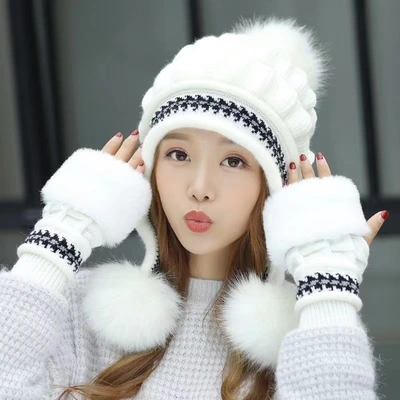 Knitted Wool hat fashion thickened warm knit hat 3 ball wool hat mitts hat Set Knitted Wool Cap Glove Set! thumbnail