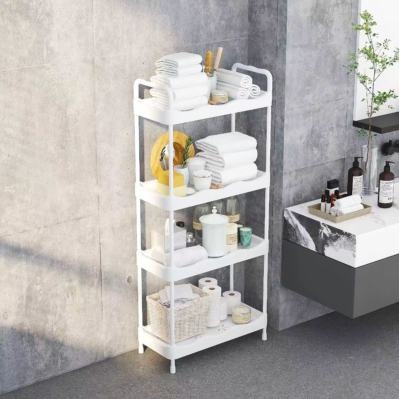 Trolley Snack Storage Shelves Floor To Floor Moving Kitchen Bathroom Bathroom Bedside Toy Storage Shelves Application Scenario