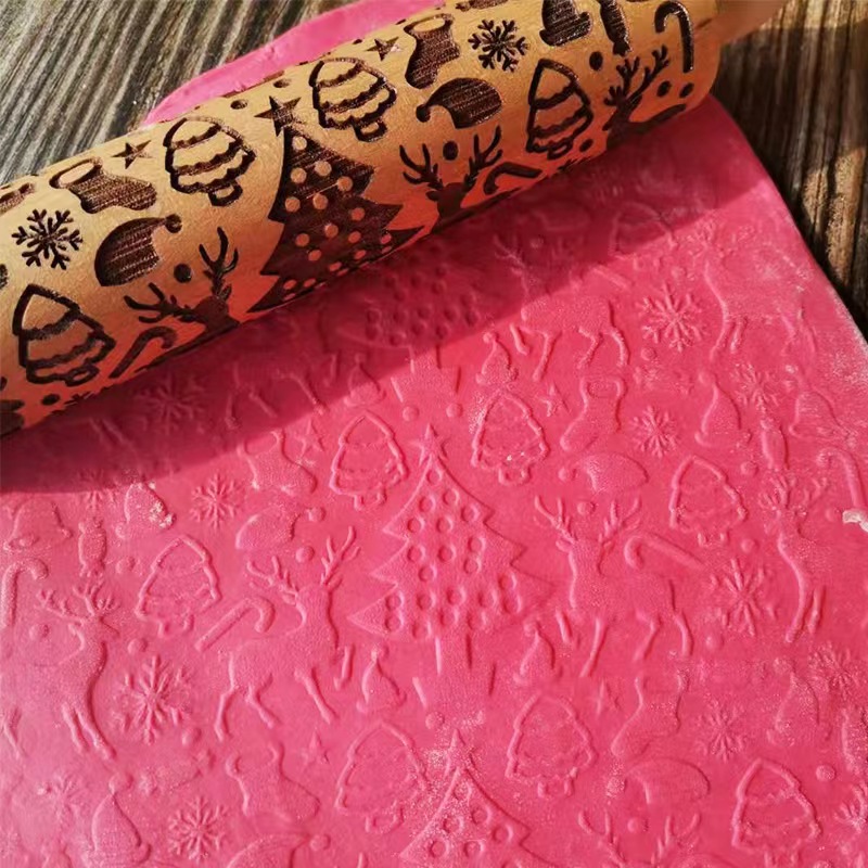 New Vintage Embossed Rolling Pin Roller Embossed Fondant Cookies Cookie Dough Rolling Stick Christmas Baking Christmas Creative Rolling Pin Printed Cookies Solid Wood Pressing Stick Home Kitchen Embossed Rolling Pin Activity Rolling Specification drawing