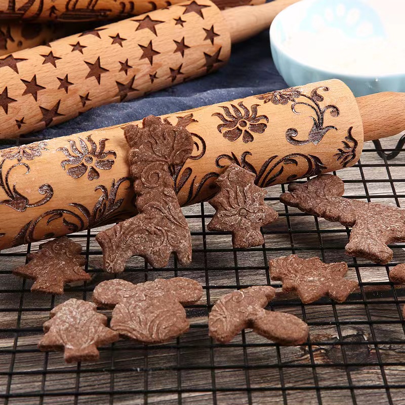 New Vintage Embossed Rolling Pin Roller Embossed Fondant Cookies Cookie Dough Rolling Stick Christmas Baking Christmas Creative Rolling Pin Printed Cookies Solid Wood Pressing Stick Home Kitchen Embossed Rolling Pin Activity Rolling details Picture