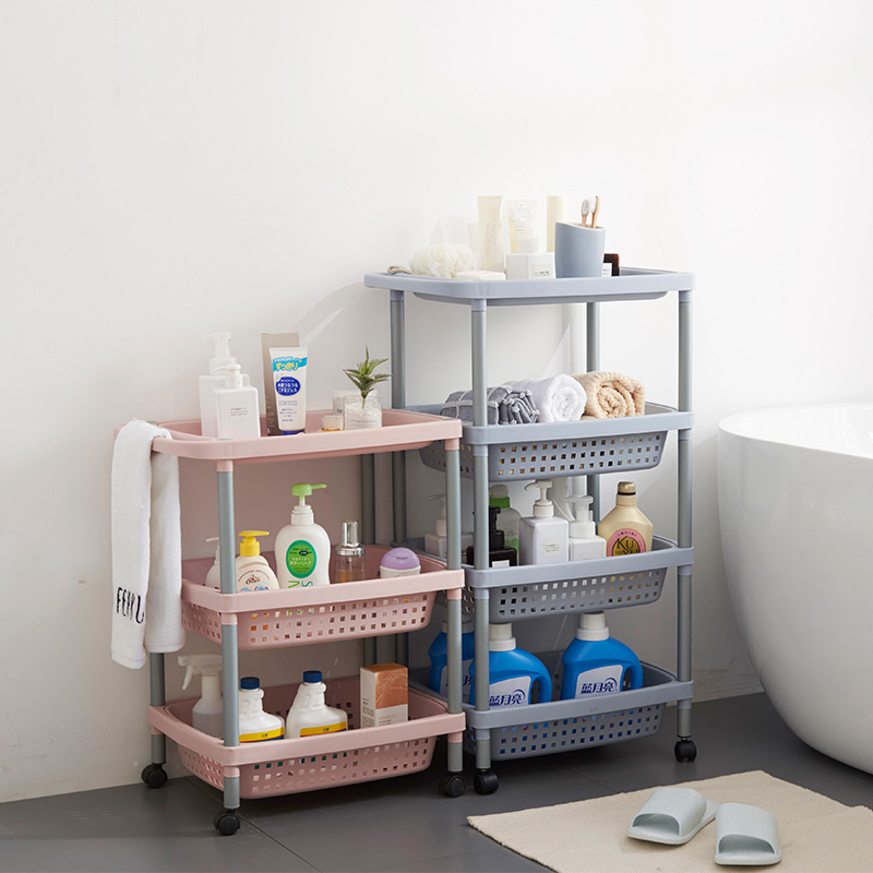 Nordic wheeled storage shelves Plastic multi-layer bookshelves Bedroom bathroom bathroom Floor to ceiling kitchen storage shelves details Picture