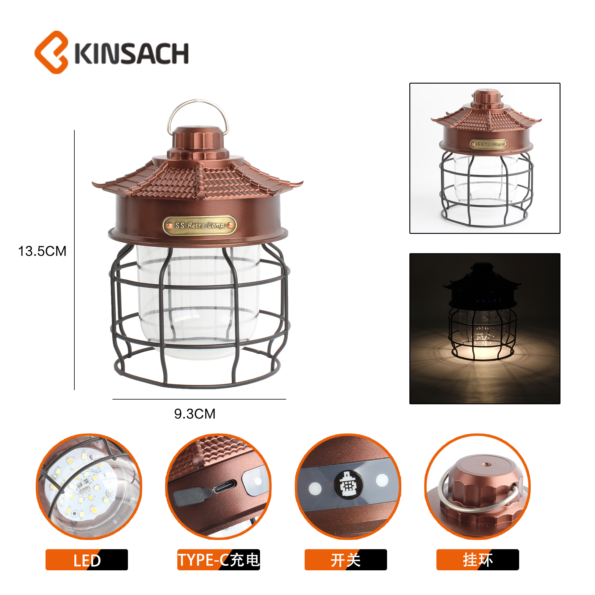Three-source outdoor LED camping tent light, portable searchlight, camping light, portable hanging hand-held light type-c details Picture