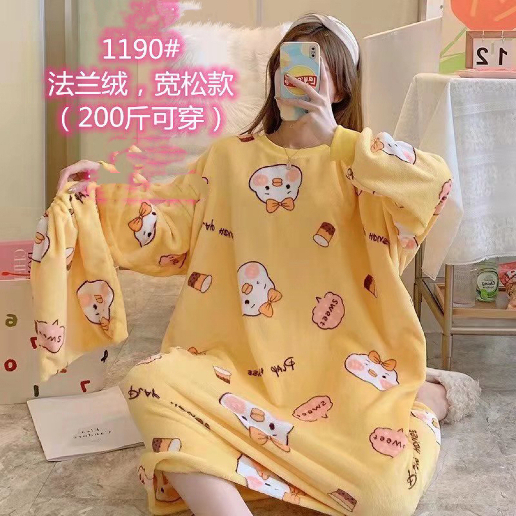 Sleep skirt woman autumn winter thick flannel plus fat plus size fat MM long loose coral velvet pajamas woman thumbnail