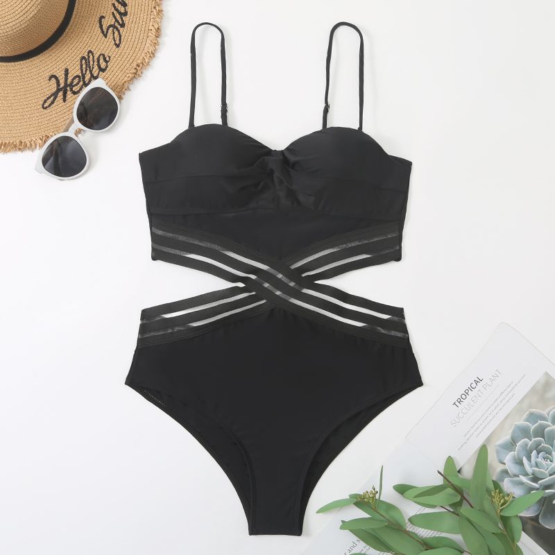 2022 New Amazon Cross-Border One-Piece Swimsuit Female Sense European And American High-Waisted Bikini Solid Color Swimsuit Bikini Manufacturers Wholesale