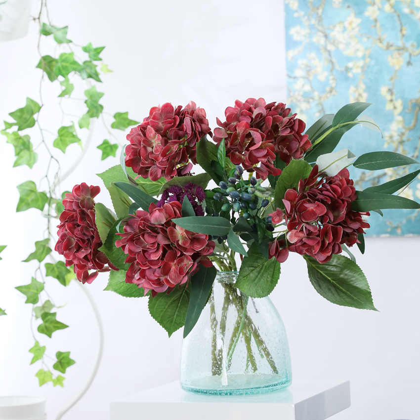 New 3D color hydrangea artificial flower, mid-to-high-end artificial flower, wedding hydrangea flower arrangement, home decoration, 3-leaf silk flower L1700 pic 2