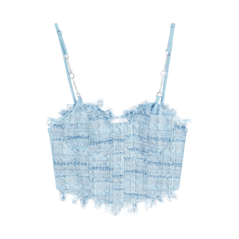 The blue fringed halter top is a sweet and spicy summer outfit for women. It has a pure and chic design and is paired with a short top inside pic 9