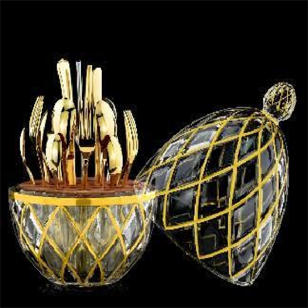 描黄金线 心悦蛋系列菱纹刀叉架西餐厨房餐具收纳插花器摆件 内配镀金餐具24件套=餐刀*6+餐叉*6+餐勺*6+茶勺*6 