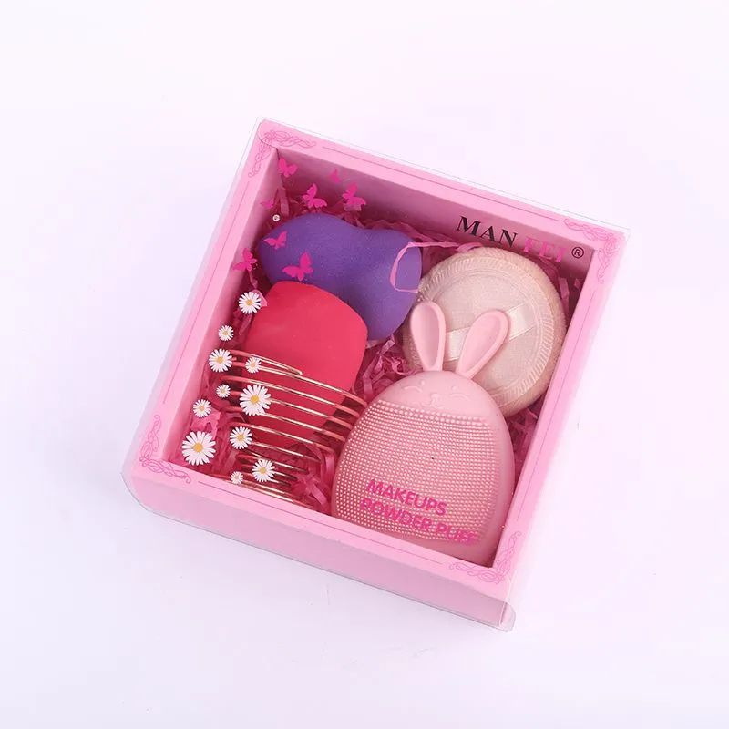 Cartoon cute silicone rabbit face wash brush, non-latex sponge gourd, diagonal cut water drop, beauty egg, makeup egg set details Picture