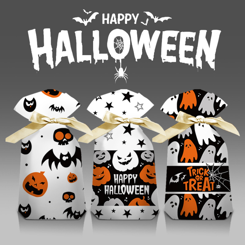 Cross-Border Halloween Ribbon Drawstring Bag Candy Snowflake Crisp Food Bag Gift Gift Bundle Pocket Plastic Bag 50 Pieces Item Picture