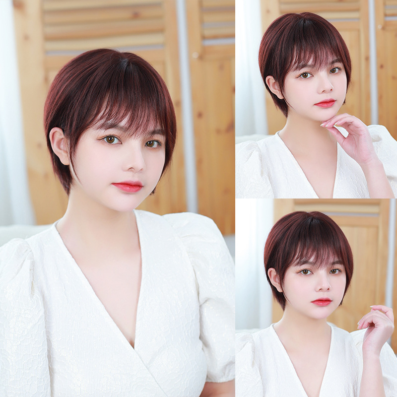 Wig set female shaggy straight short hair real hair middle-aged and elderly mother hair wig temperament full head wholesale spot details Picture