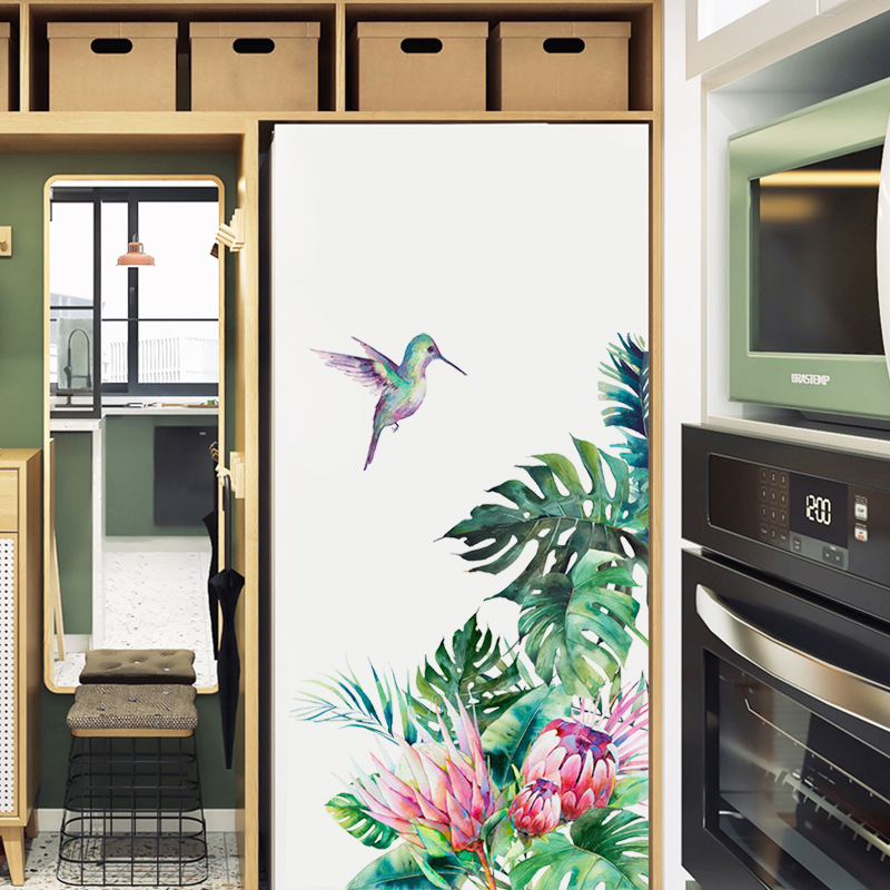 New green leaf wall with tropical vegetation birds home background wall decoration bedroom living room can remove PVC stickers thumbnail