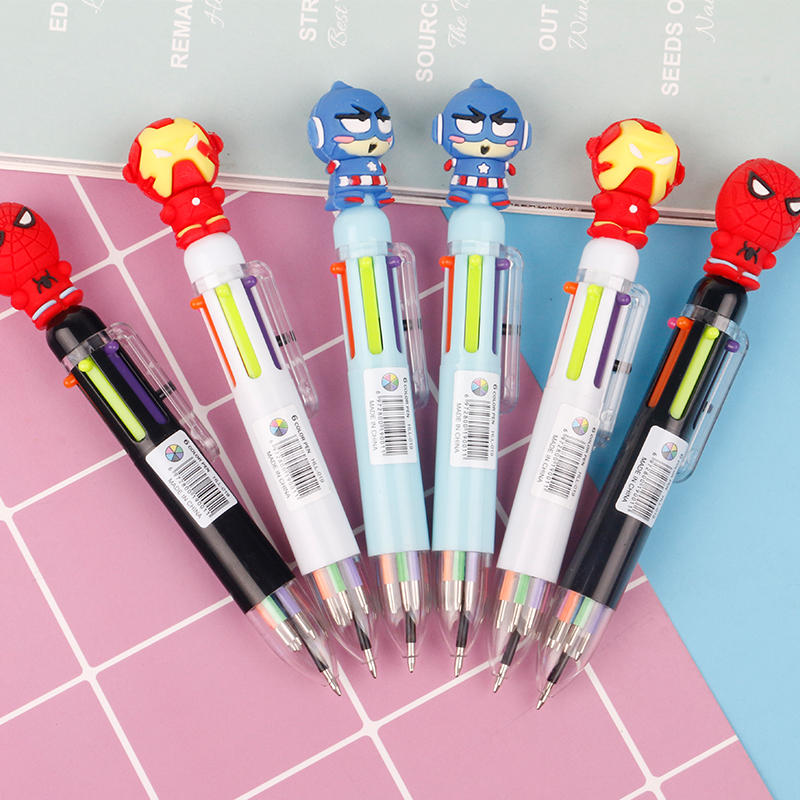 Spider-man cartoon Marvel six-color ballpoint pen Student color cartoon Doodle pen Girl Heart multi-color portable press pen pen pen pen pen