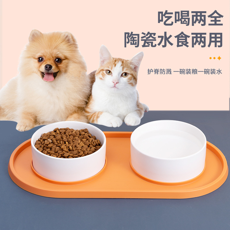 Anti-silicone ceramic pet double bowl, anti-knock and anti-slip, dog and cat food bowl, water feeding, universal pet supplies