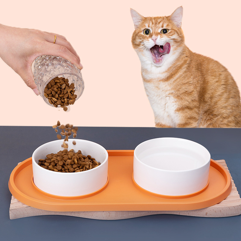 Anti-silicone ceramic pet double bowl, anti-knock and anti-slip, dog and cat food bowl, water feeding, universal pet supplies details Picture