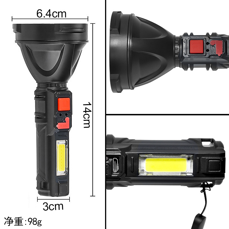 Flashlight Usb Rechargeable Portable Ultra-Bright Long Range Outdoor Home Led Light With Cob Side Light Flashlight Specification drawing