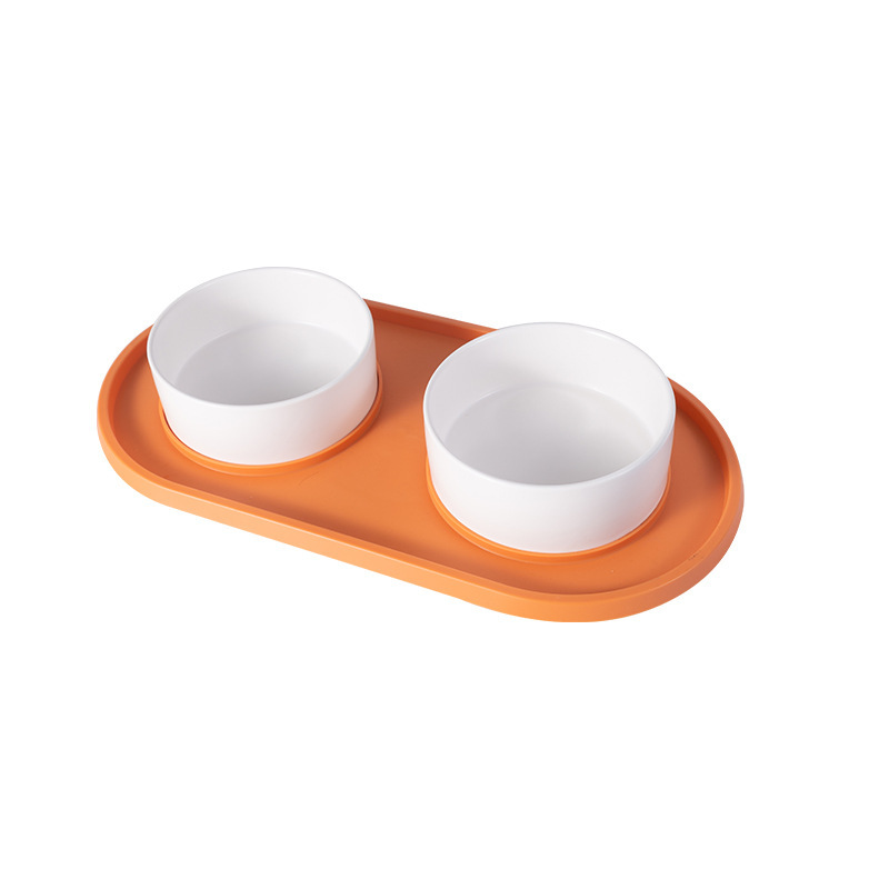 Anti-silicone ceramic pet double bowl, anti-knock and anti-slip, dog and cat food bowl, water feeding, universal pet supplies Item Picture