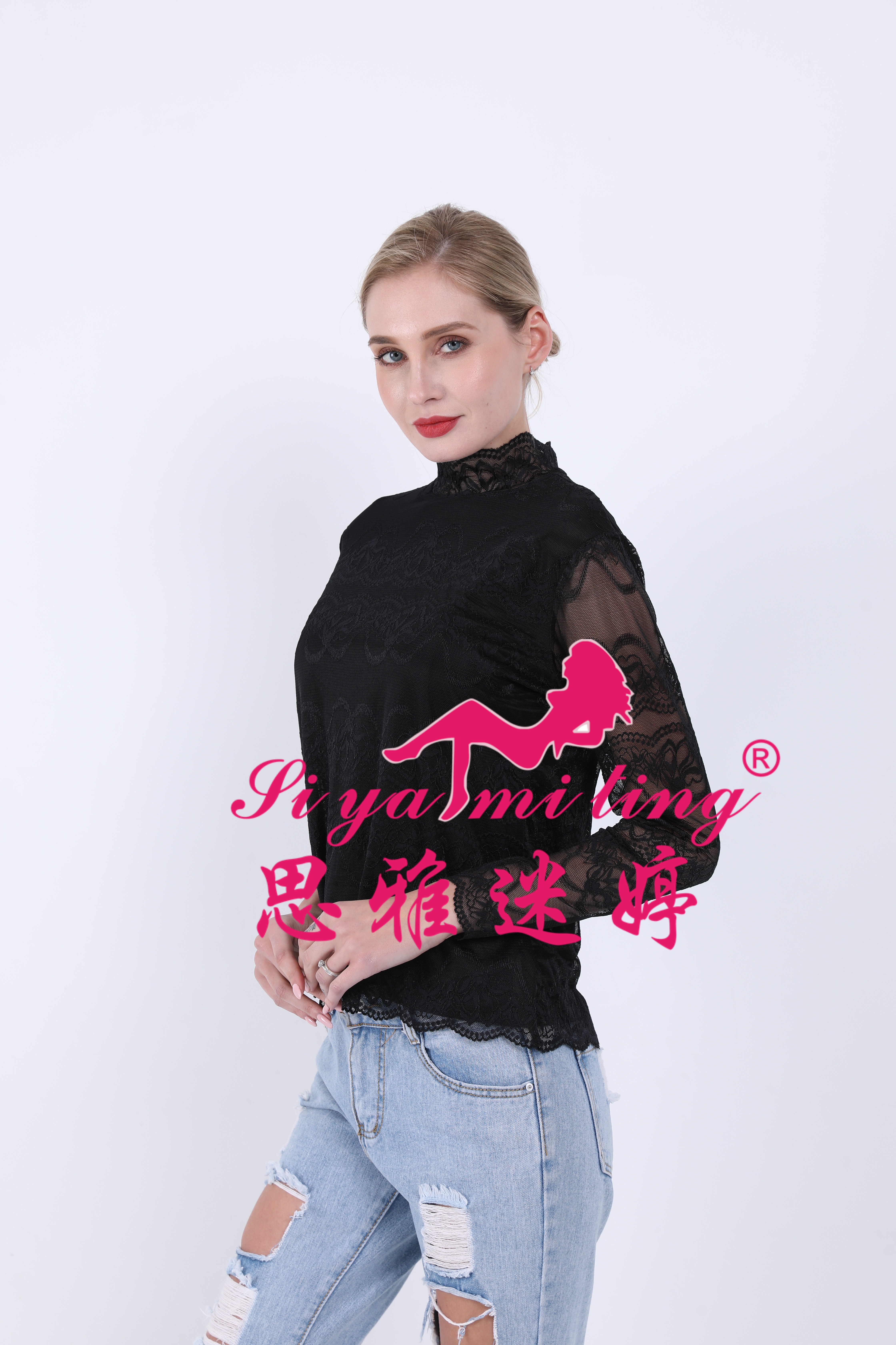 A new stylish high-neck lace base layer shirt for women in autumn and winter, paired with a long-sleeved T-shirt and a long transparent cutout top Application Scenario