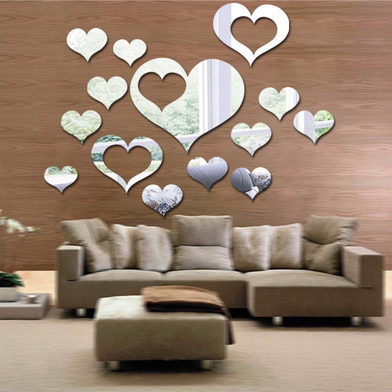 3D three-dimensional mirror wall with heart and heart combination DIY adhesive self-adhesive home decoration background wall SQ3010 thumbnail