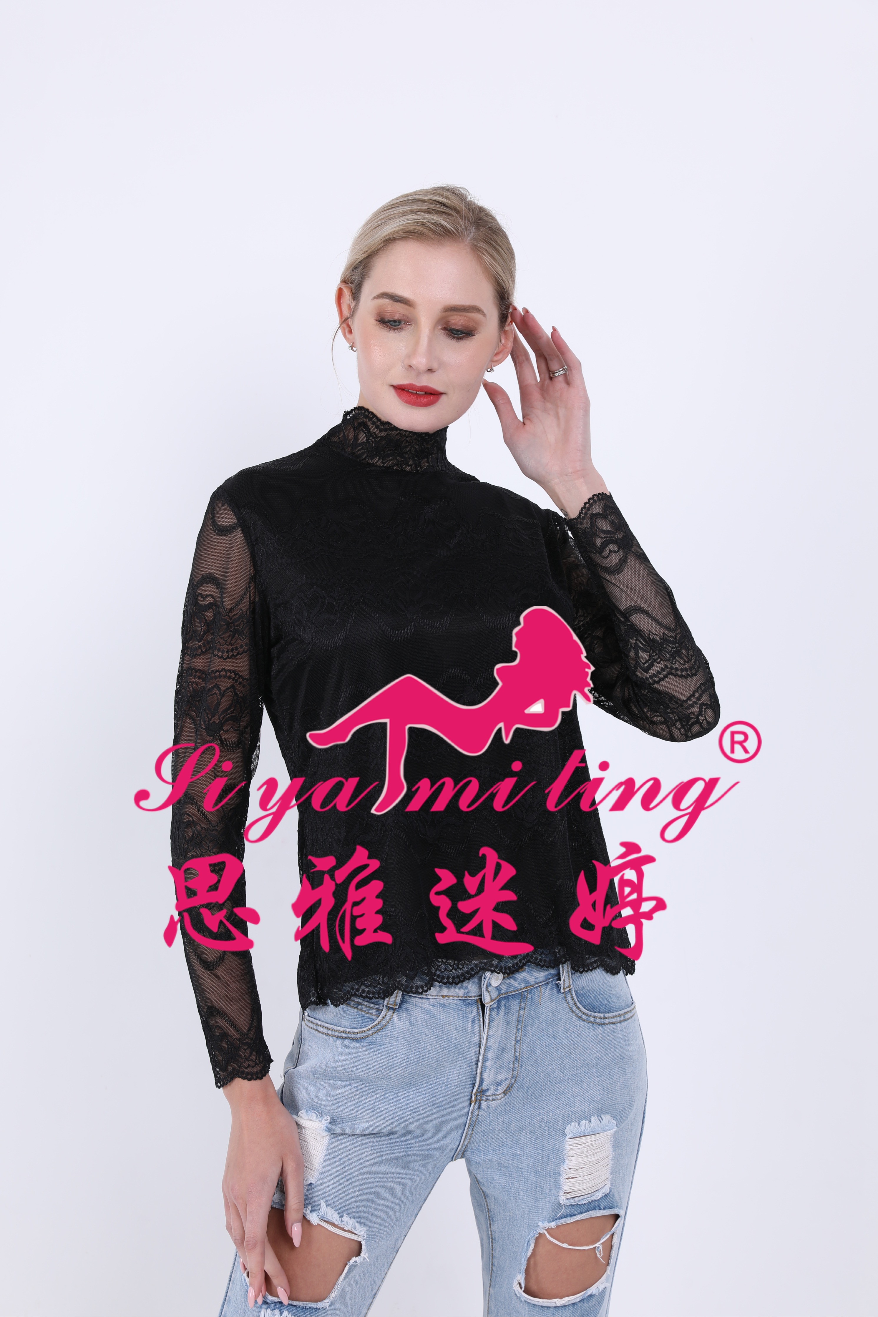 A new stylish high-neck lace base layer shirt for women in autumn and winter, paired with a long-sleeved T-shirt and a long transparent cutout top Specification drawing