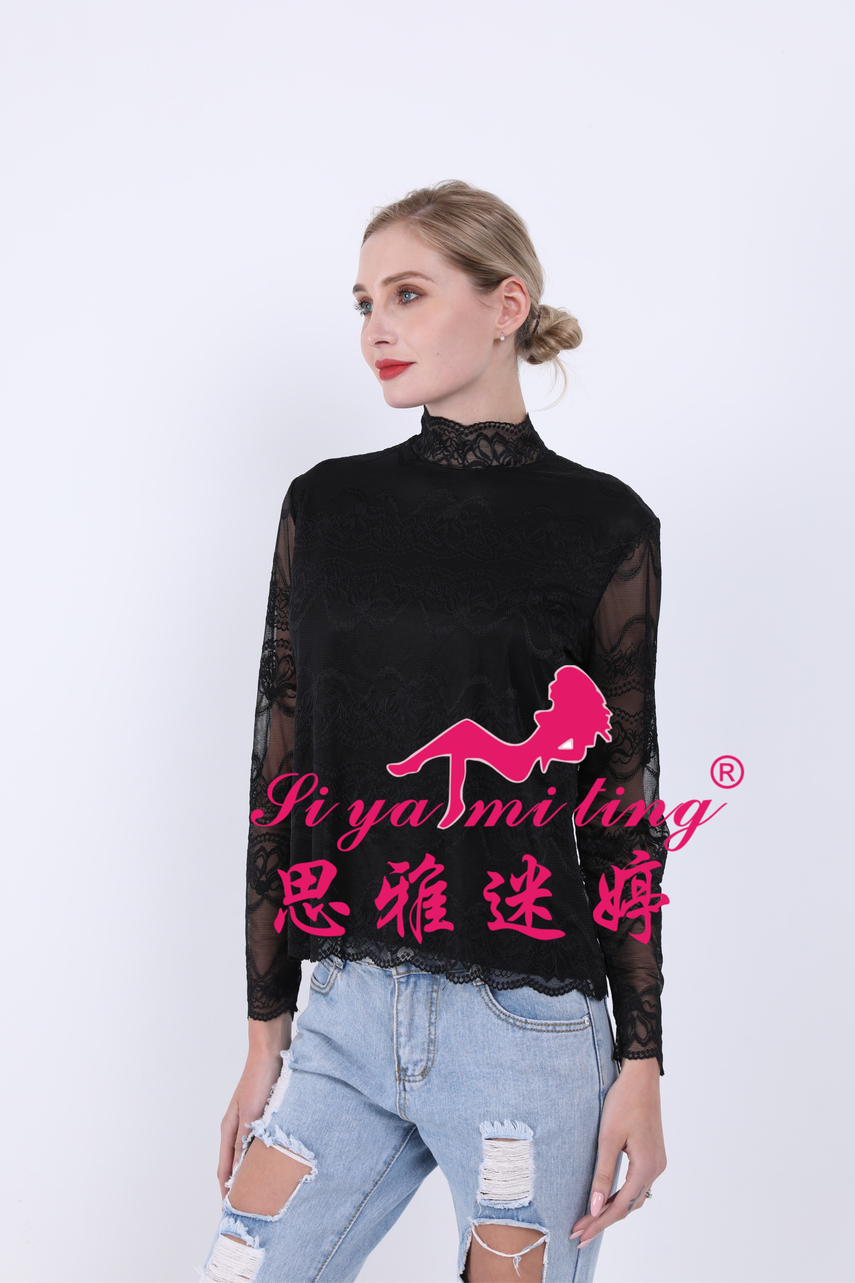 A new stylish high-neck lace base layer shirt for women in autumn and winter, paired with a long-sleeved T-shirt and a long transparent cutout top details Picture