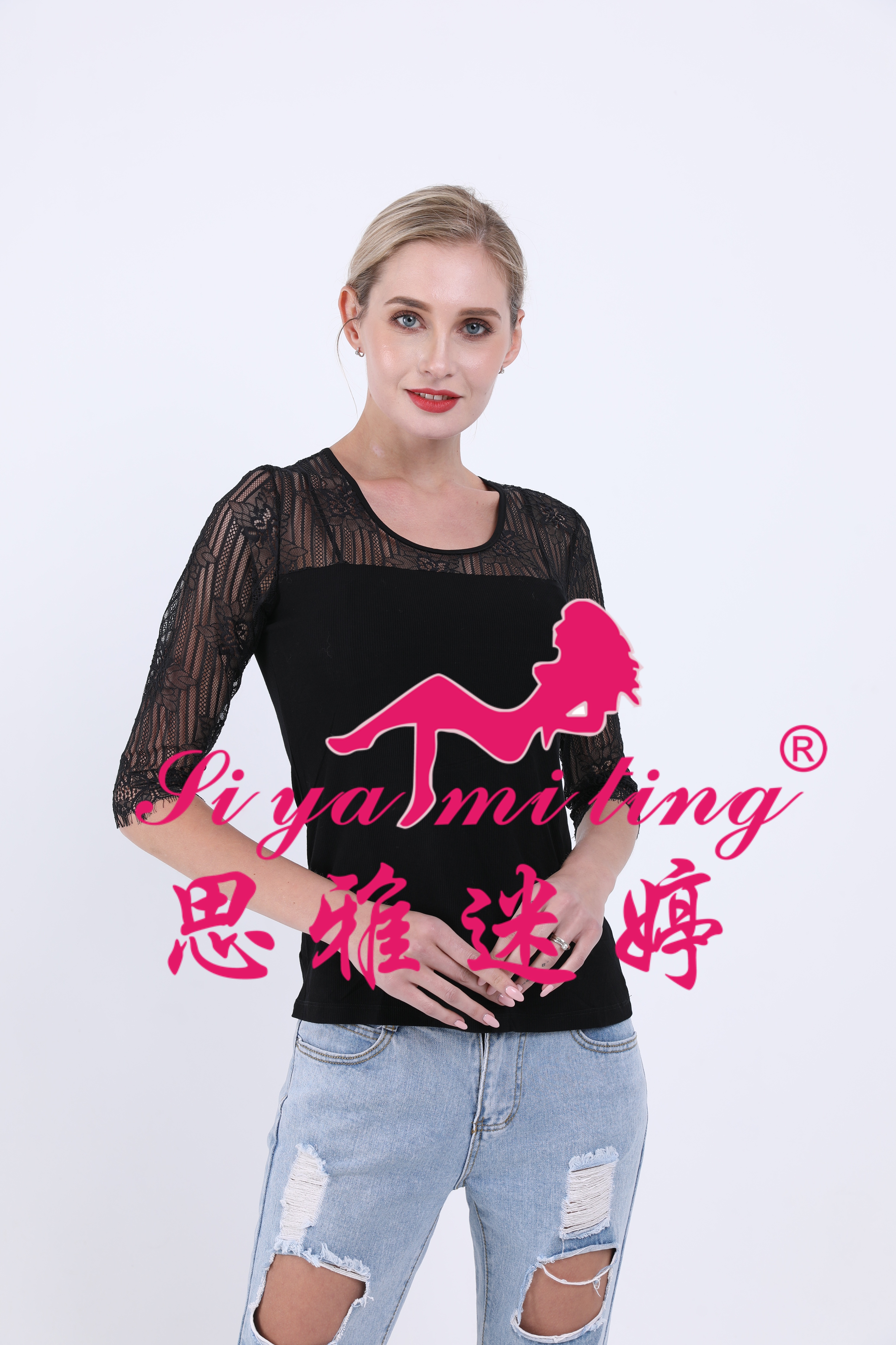 A new autumn and winter style low-neck lace base layer shirt for women, paired with a five-quarter sleeve T-shirt and a long transparent cutout top Specification drawing