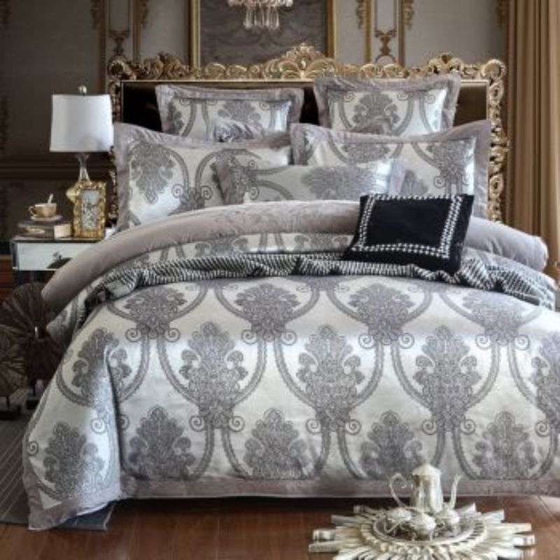 Bedding Sheet And Quilt Set Four Sets Snow Dove Satin Jacquard Four Sets 100% Cotton Autumn And Winter New High-Grade Satin Jacquard Embroidery Process Item Picture