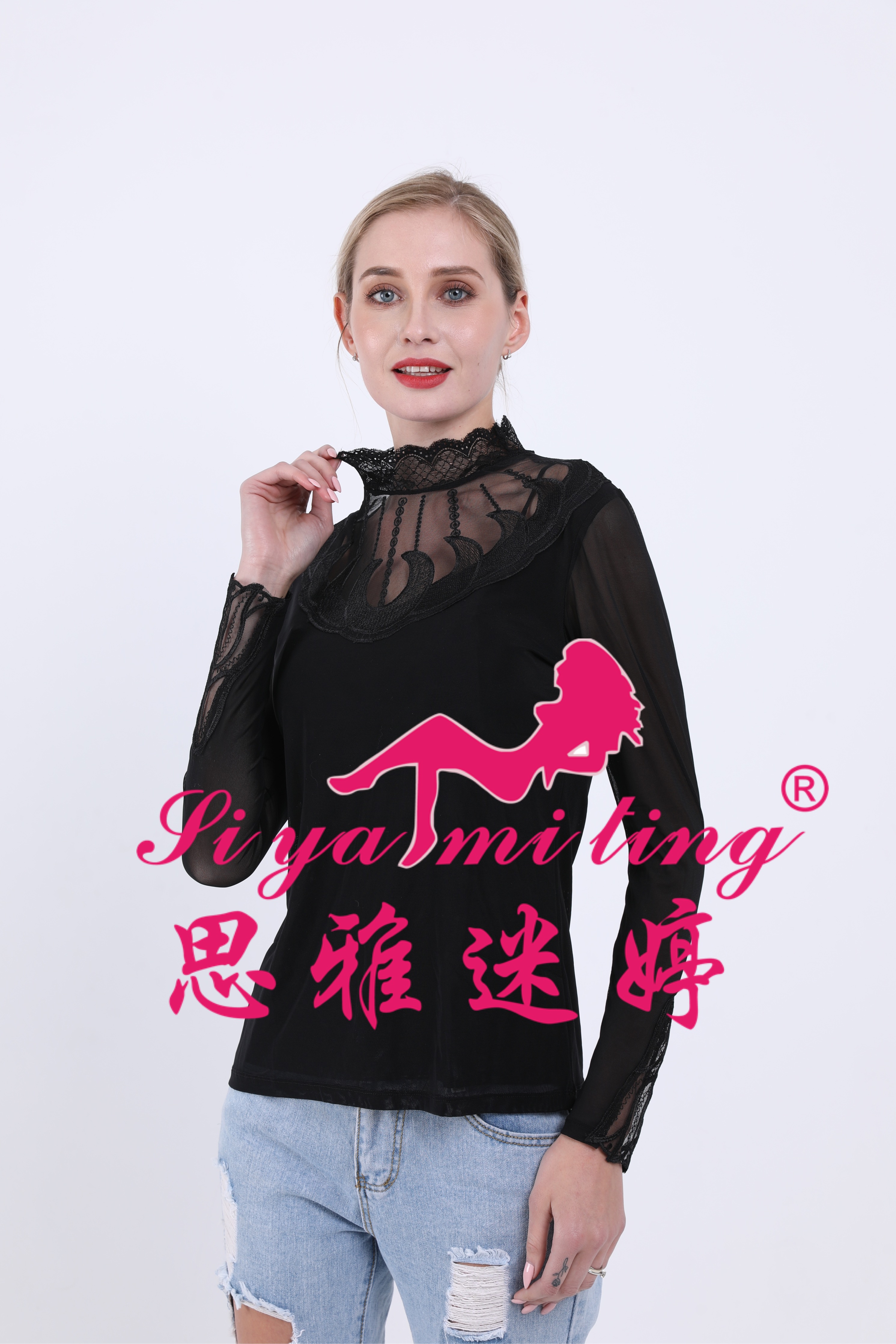 A new stylish mid-high neck lace base layer for women in autumn and winter, paired with a long-sleeved T-shirt and a long transparent cutout top Specification drawing