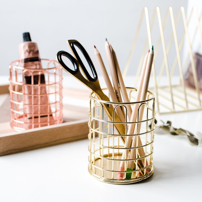 Creative electroplating pen holder simple round basket empty imitation gold pen holder Girl eyebrow pencil makeup pen multifunctional storage container thumbnail