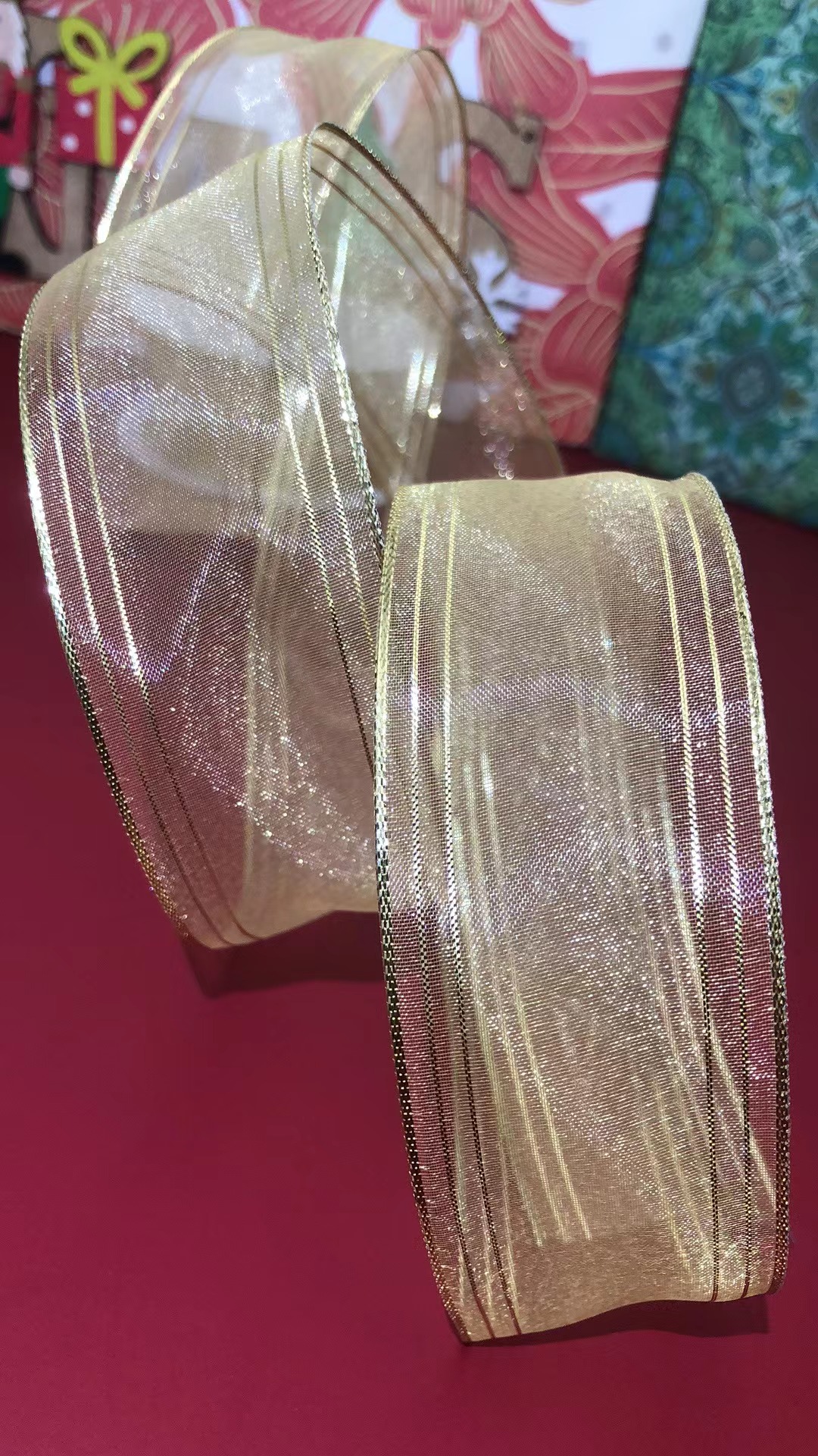 货号：2148圣诞礼品包装装饰DIY  浅金色雪纱金边双边铁丝织带3.8cm图