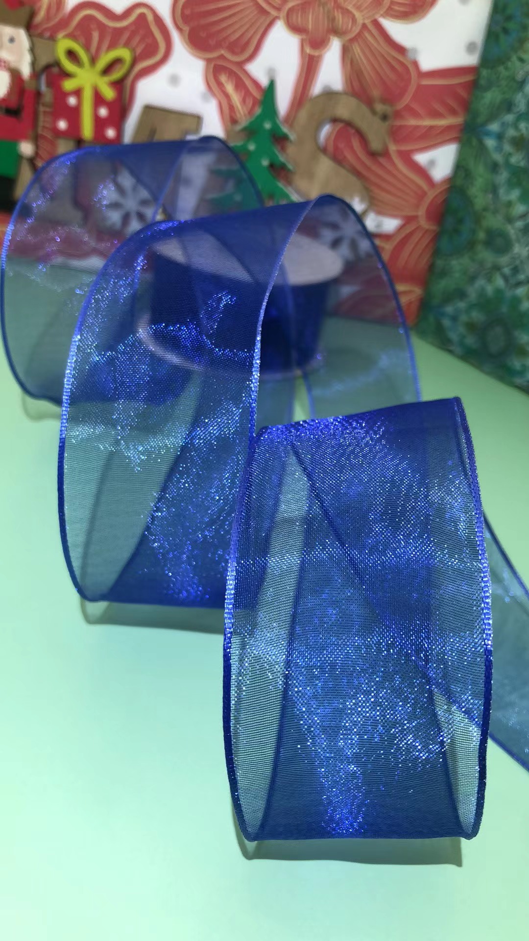 Item No. : 2151 Christmas Gift Packaging Decoration DIY Sapphire Blue Mesh Double-sided Iron Wire Webbing 3.8cm