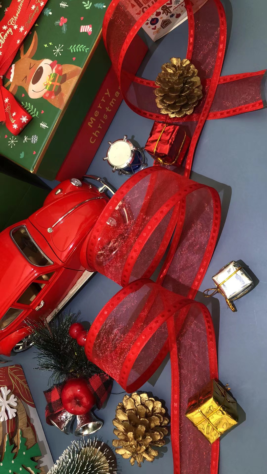 Item No. : 2166 Christmas Gift Packaging Decoration DIY Red snow yarn with small dots on both sides, double-sided iron wire webbing 3.8cm Specification image