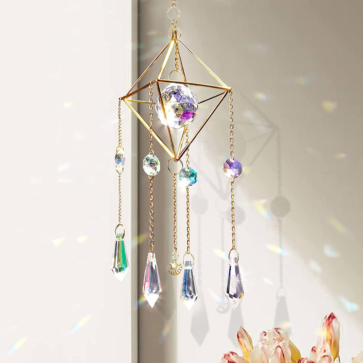 Ins light and shadow Crystal Wind Chimes pendant Sun Catcher Girl horizontal Room window Decoration Pendant Dream rainbow Sun Catcher Home decoration garden pendant thumbnail