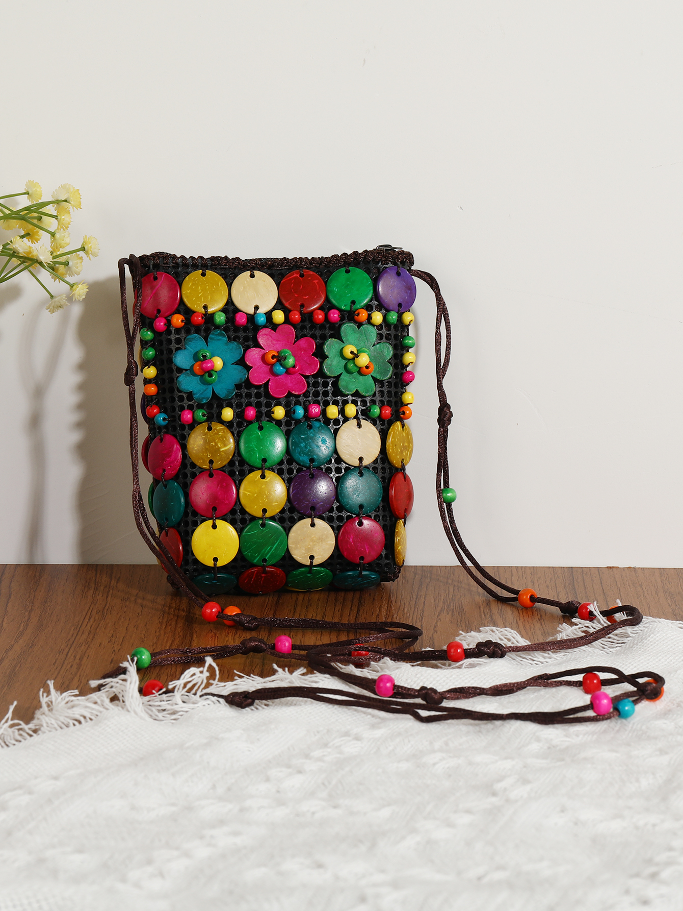 Boho Tropical Coconut Shell diagonal handmade Flower Mini Change Bag 137