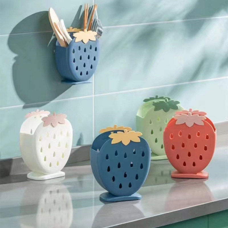 Creative home strawberry 筷笼 kitchen standing multi-functional chopstick cage double compartment draining chopstick box plastic chopstick holder pic 1