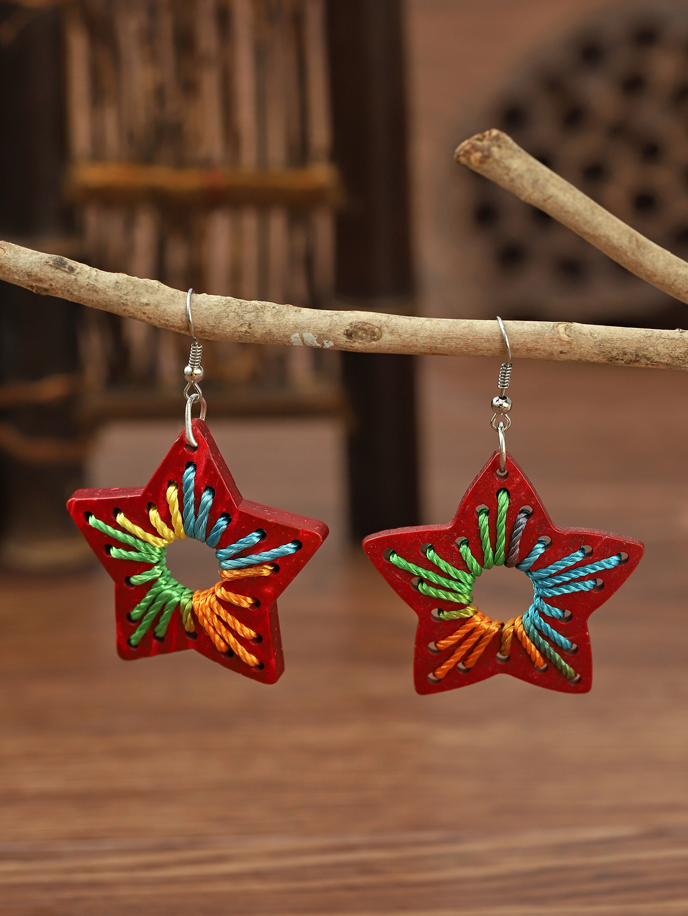 波西米亚热带风情椰壳手工椰壳绕线五角星耳环133