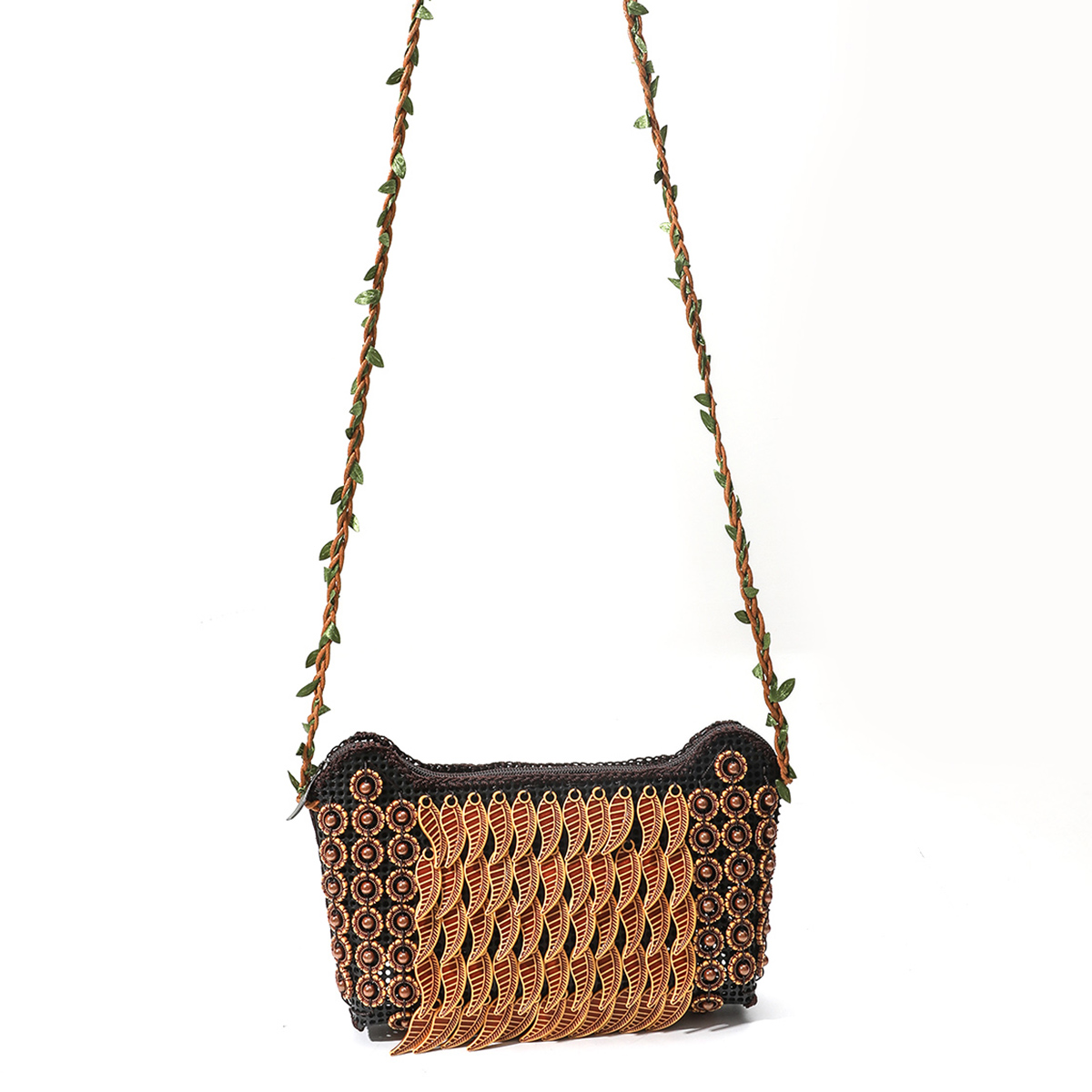 波西米亚热带风情树脂斜跨手工树叶形流苏包包138