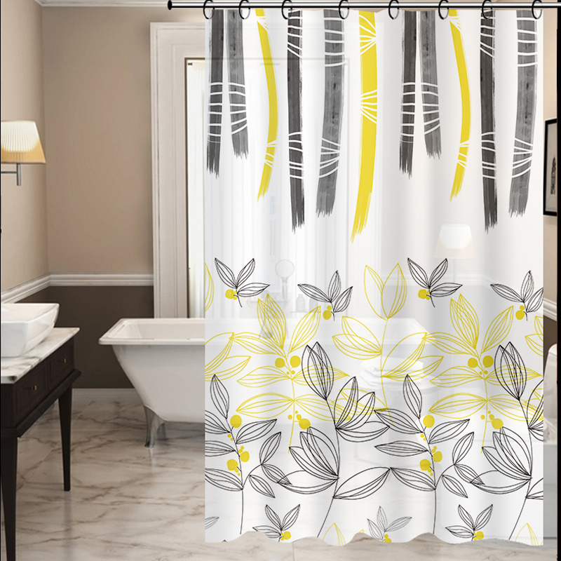 Factory Direct Peva Plastic Printed Shower Curtain Waterproof Bathroom Bathroom Partition Curtain Yellow Leaf Hook Pvc Bag
