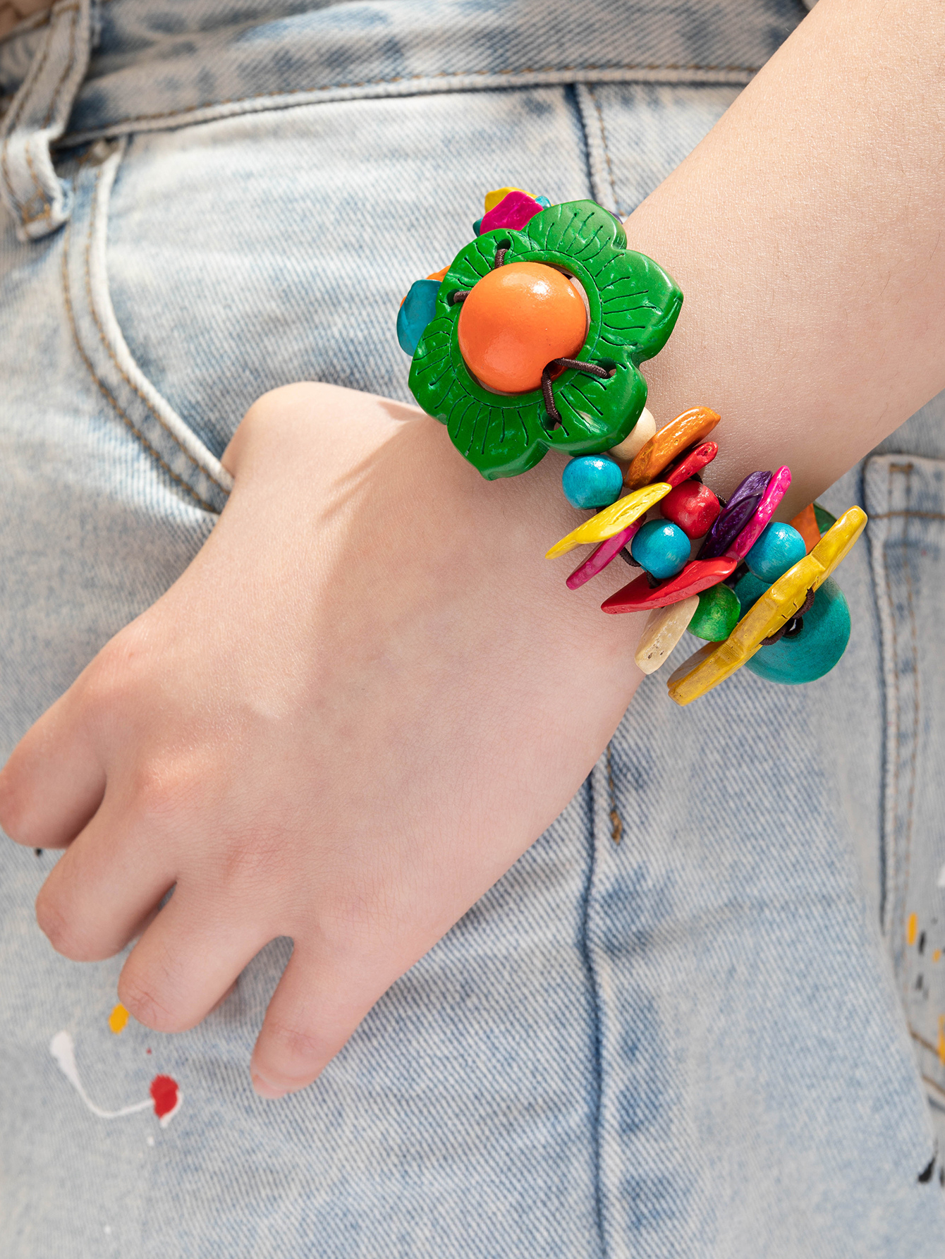 波西米亚热带风情民族风手工椰壳花朵串珠弹性手镯135