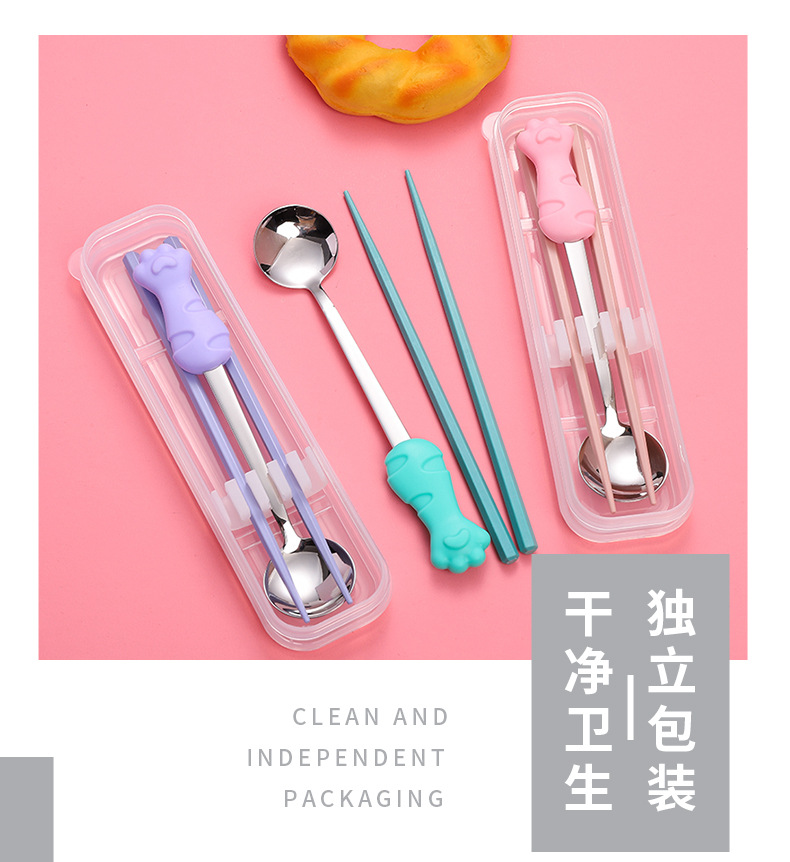Cat paw silicone tableware set, alloy chopsticks, stainless steel spoons, two-piece set, cute student lunch, office portable spoons and chopsticks pic 6