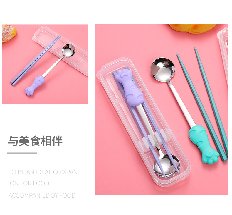 Cat paw silicone tableware set, alloy chopsticks, stainless steel spoons, two-piece set, cute student lunch, office portable spoons and chopsticks pic 4