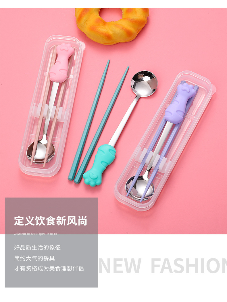 Cat paw silicone tableware set, alloy chopsticks, stainless steel spoons, two-piece set, cute student lunch, office portable spoons and chopsticks pic 3