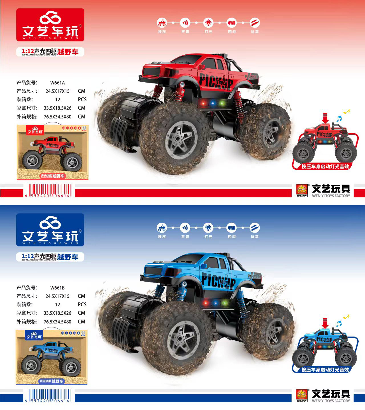 Children's toy car, inertia car model, four-wheel drive audio-visual off-road car, boys' toy car, artistic w660 details Picture
