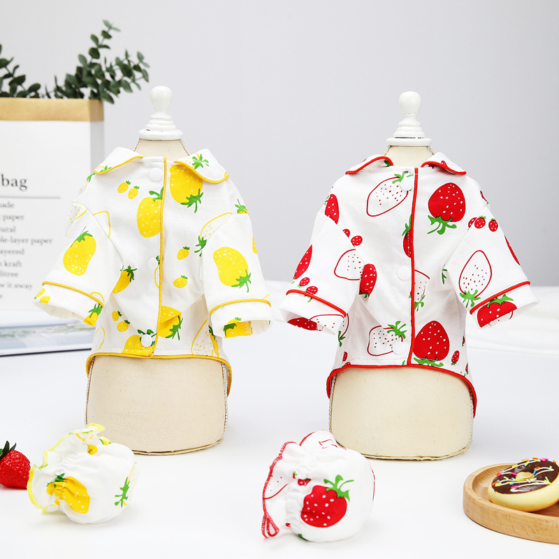 New pet clothing style: Dog hat strawberry pajamas, pure cotton fabric pajamas, fashionable and cute, soft fabric dog clothes details Picture