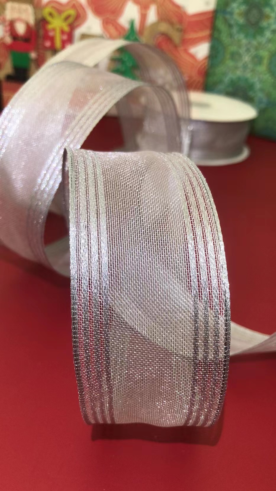 货号：2188圣诞礼品包装装饰DIY  灰色网纱两边线条双边铁丝织带3.8cm