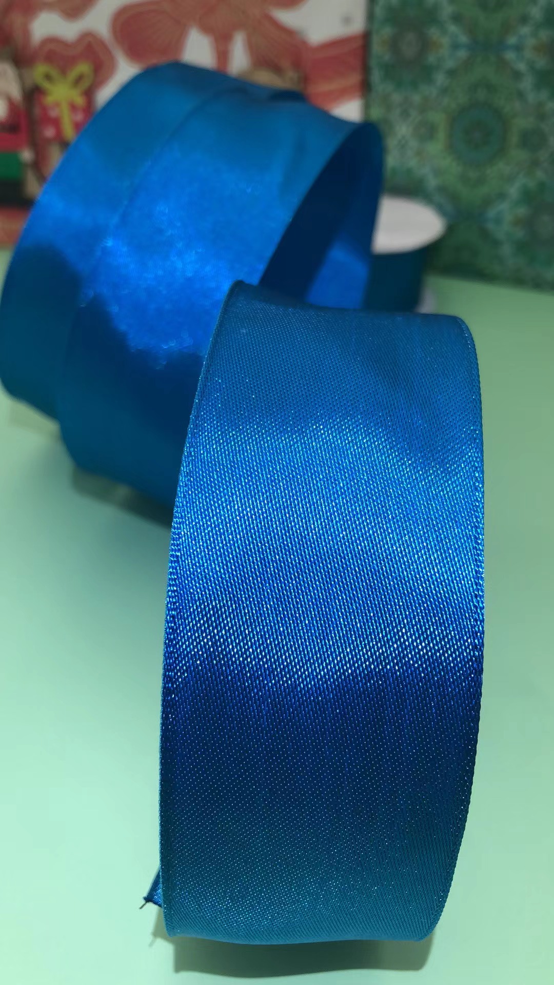 Item No. : 2183 Christmas Gift Packaging Decoration DIY Earthy Blue double-sided Wire Webbing 3.8cm