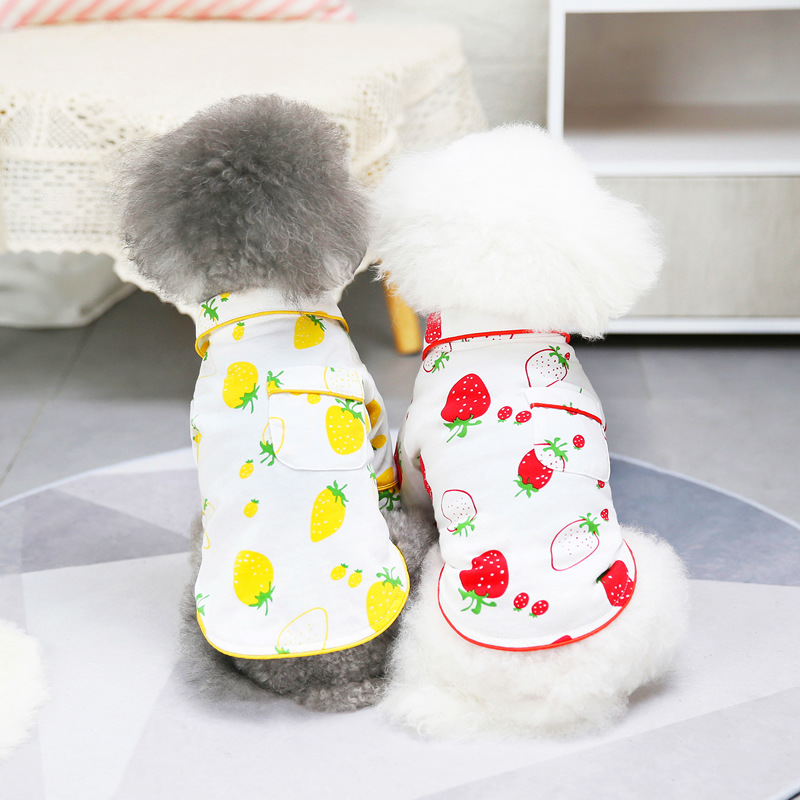 New pet clothing style: Dog hat strawberry pajamas, pure cotton fabric pajamas, fashionable and cute, soft fabric dog clothes Specification image