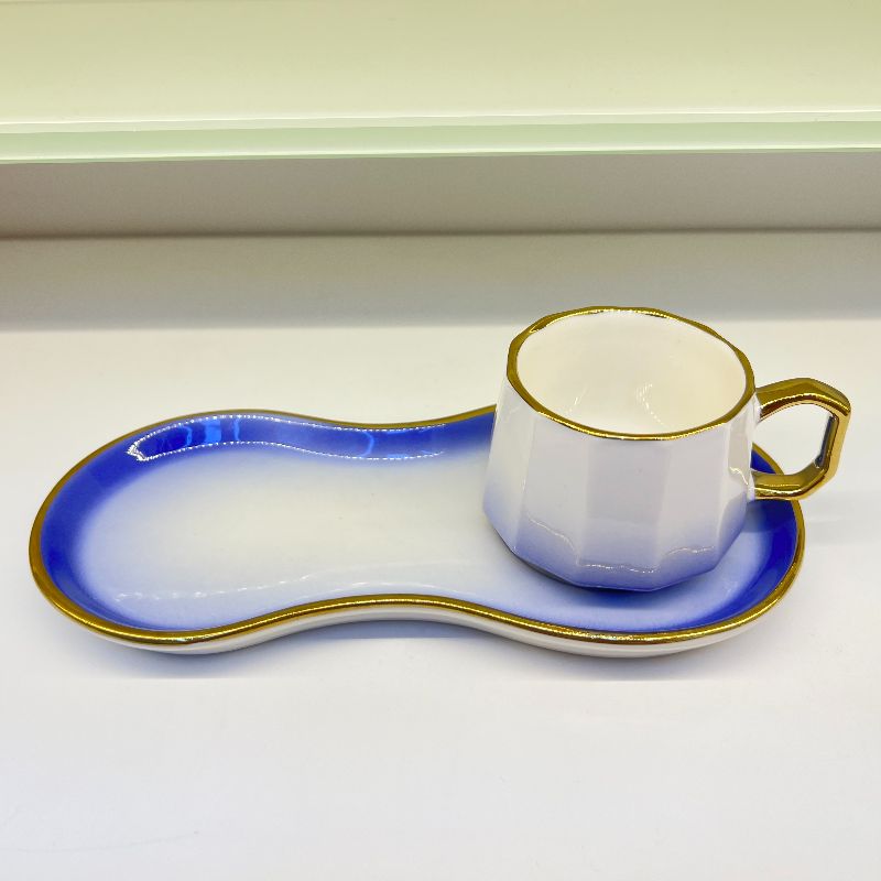 Cross-border European-style electroplated ceramic coffee 6-cup 6-plate set with gradient color macarons, exported from Saudi Arabia, household ceramic cup and plate gifts, daily necessities details Picture