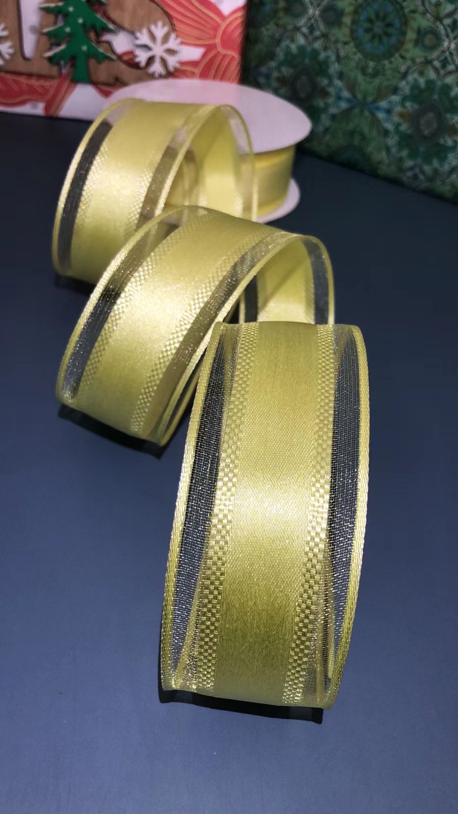 Item No. 2203 Christmas Gift Packaging Decoration DIY Yellow Middle Satin Toothed edge Double-sided wire Webbing 3.8cm