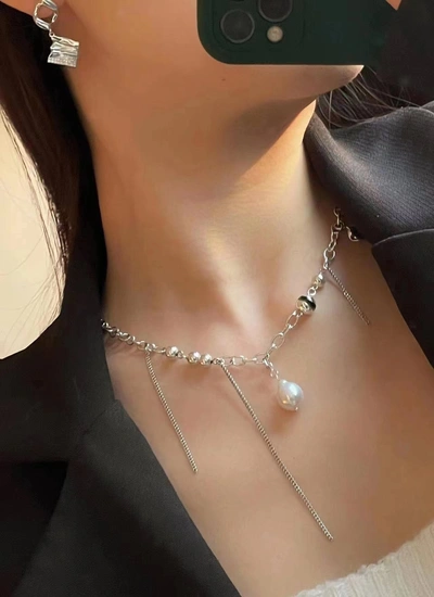 S925 Pearl Agate Fringe Men's And Women's Necklace Sterling Silver Necklace Silver Tie Silver Jewelry